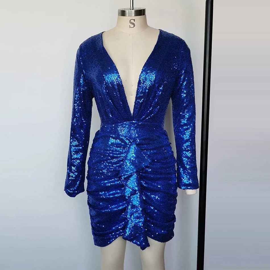 Liser новое летнее женское платье с v-образным вырезом и оборками, расшитое блестками, мини-платье, сексуальное облегающее элегантное Клубное платье знаменитостей для вечеринок Vestidos - Цвет: Тёмно-синий