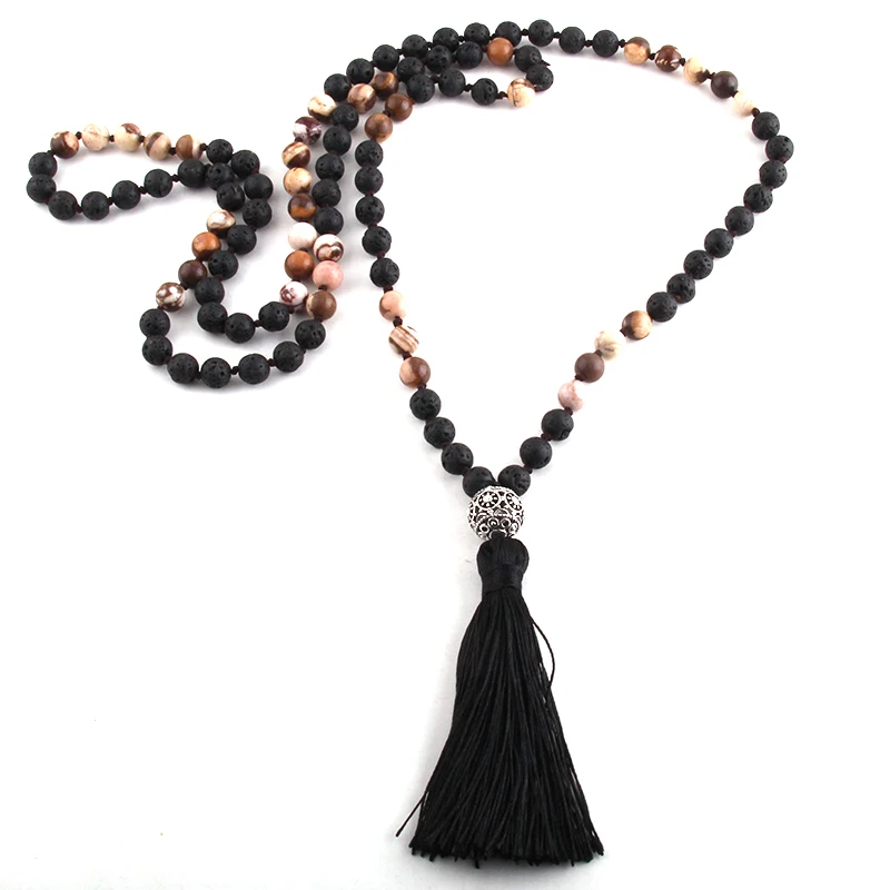 Fashion Bohemian Tribal Jewelry 108 Beads Necklace 8MM Natural Stone Tassel Yoga Necklace For Women Lariat Necklaces