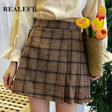 REALEFT, Осень-зима, винтажные Женские клетчатые шерстяные плиссированные юбки трапециевидной формы, корейский стиль, высокая талия, сексуальные мини юбки с запахом для женщин