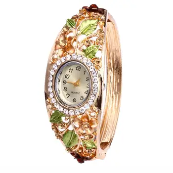 

Fashion Vintage Unique Women's Watches Quartz Wristwatches Rhinestone Flower Bracelet Bangle Oval Dial Analog zegarek damski La