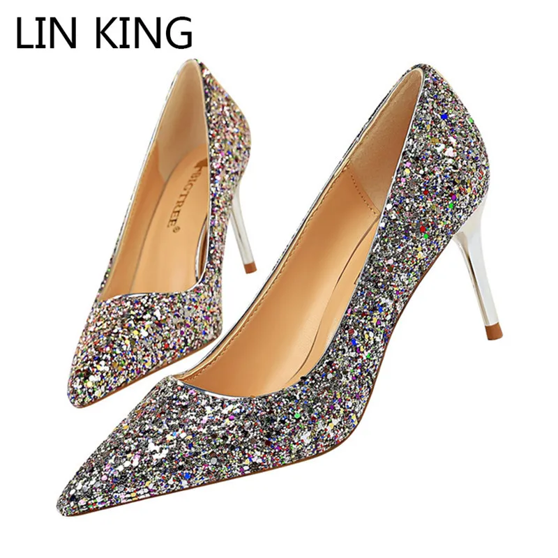 

LIN KING Fashion Bling Woman Pumps 7CM High Heels Shoes Sexy Shallow Women Single Shoes Ladies Office Dress Shoes Plus Size 43