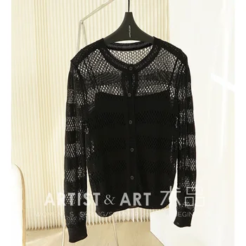 

Svoryxiu 2020 Autumn Runway Fashion Black Hollow Out Knitting Cardigan Women's High-End Silk Lining Sweater Coat
