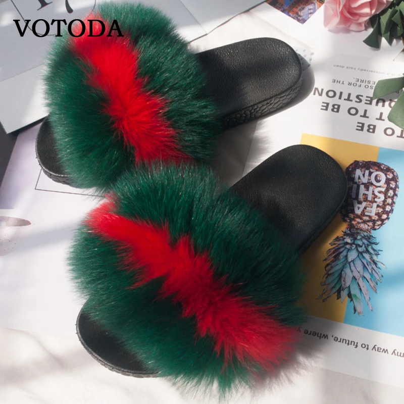 

Women Real Fox Fur Fluffy Slippers Ladies Indoor Plush Sandals Lovely Plush Slides Furry Casual Beach Flip Flop Flats Home Shoe