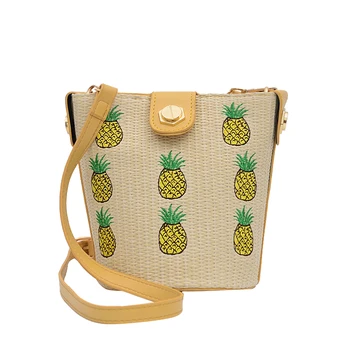 

LJL-Summer Simple Embroidered Bucket Bag One Shoulder Pineapple Smiley Straw Crossbody Bag