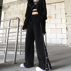 Pantalon à jambes larges de Style coréen pour femme, vêtement d'été à la mode, taille haute, noir, grande taille, 2021 