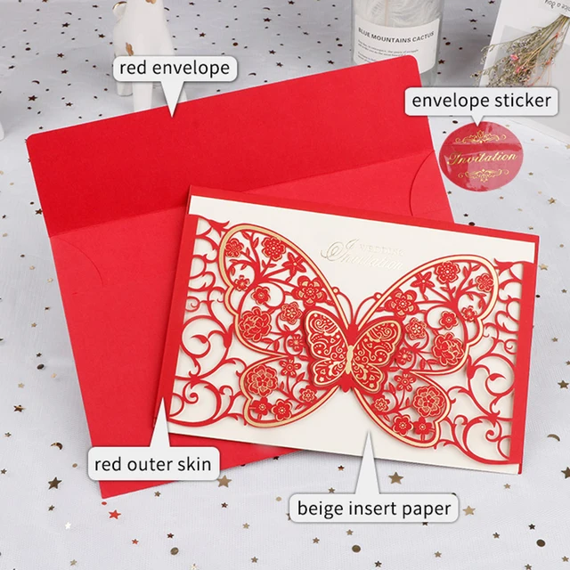 50pcs Butterfly Elegant Laser Cut Wedding Invitation Card Business Greeting Card Customized Wedding Decoration Party Supplies 50sets Red Cards