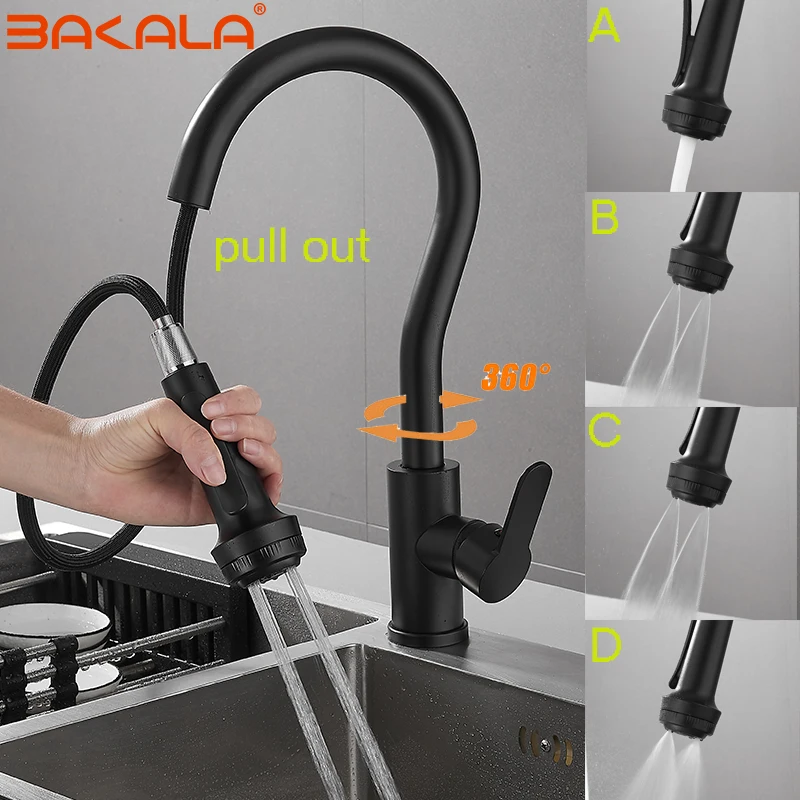 BAKALA Luxury 4 Function Water Outlet Chrome Kitchen Faucets Brushed Nickel and Black Sink Faucet Pull Out Kitchen Mixer Tap