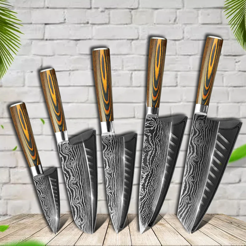 Kitchen Knives Set 5Pcs Stainless Steel Laser Chef Japanese Bread Meat Cleaver Paring Accessories Tools | Дом и сад