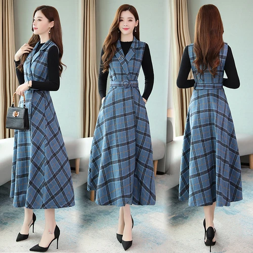 

Woolen Two Piece Set Dress For Women Plaid Vestidos De Fiesta De Noche Women's Suit Ensemble Femme Deux Pieces Conjunto Feminino