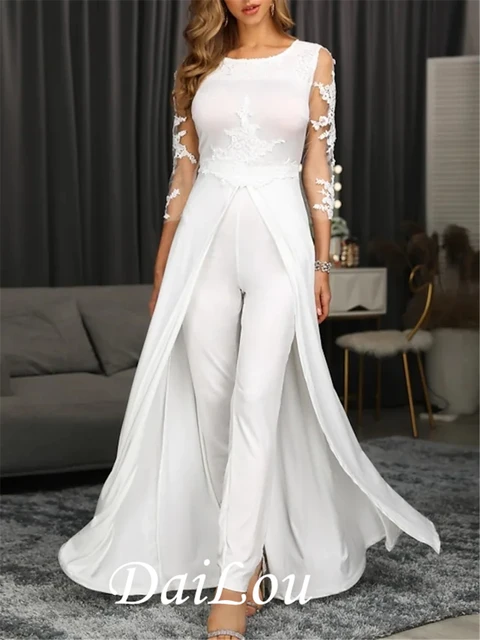 Elegant Jumpsuit Wedding Dresses Pants Suit Long Sleeves Backless Bridal  Gown Simple Vintage Custom Made Civil Robe De M Color White US Size 24W