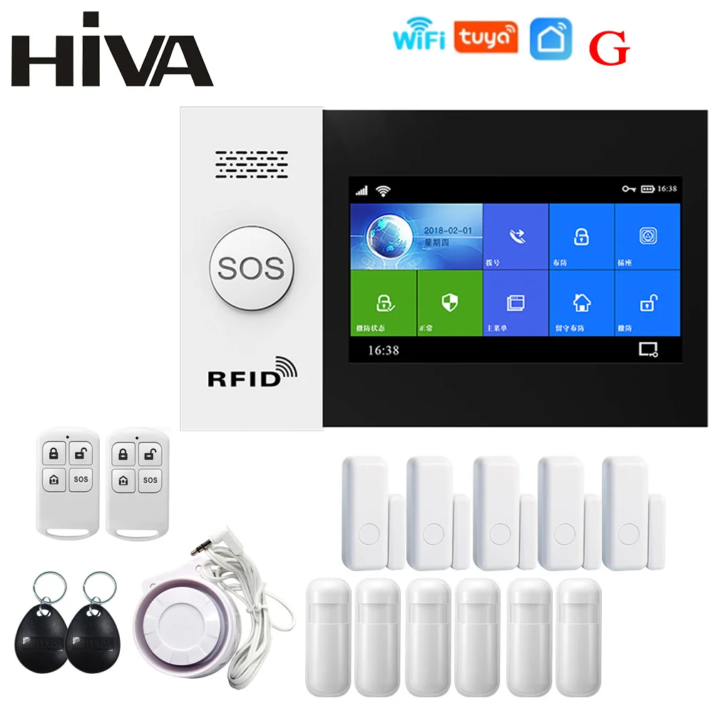 HIVA Alarm Systems Security Home Wifi Gsm with Pir Motion Sensor Tuya Smart Life Alarm work with Alexa elderly emergency button Alarms & Sensors