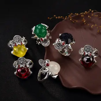 

SNew Sterling Silver Lucky Gold frog Colored Gemstone Women's Inlaid Tide Fashionable Charm Opening Adjustable Ring