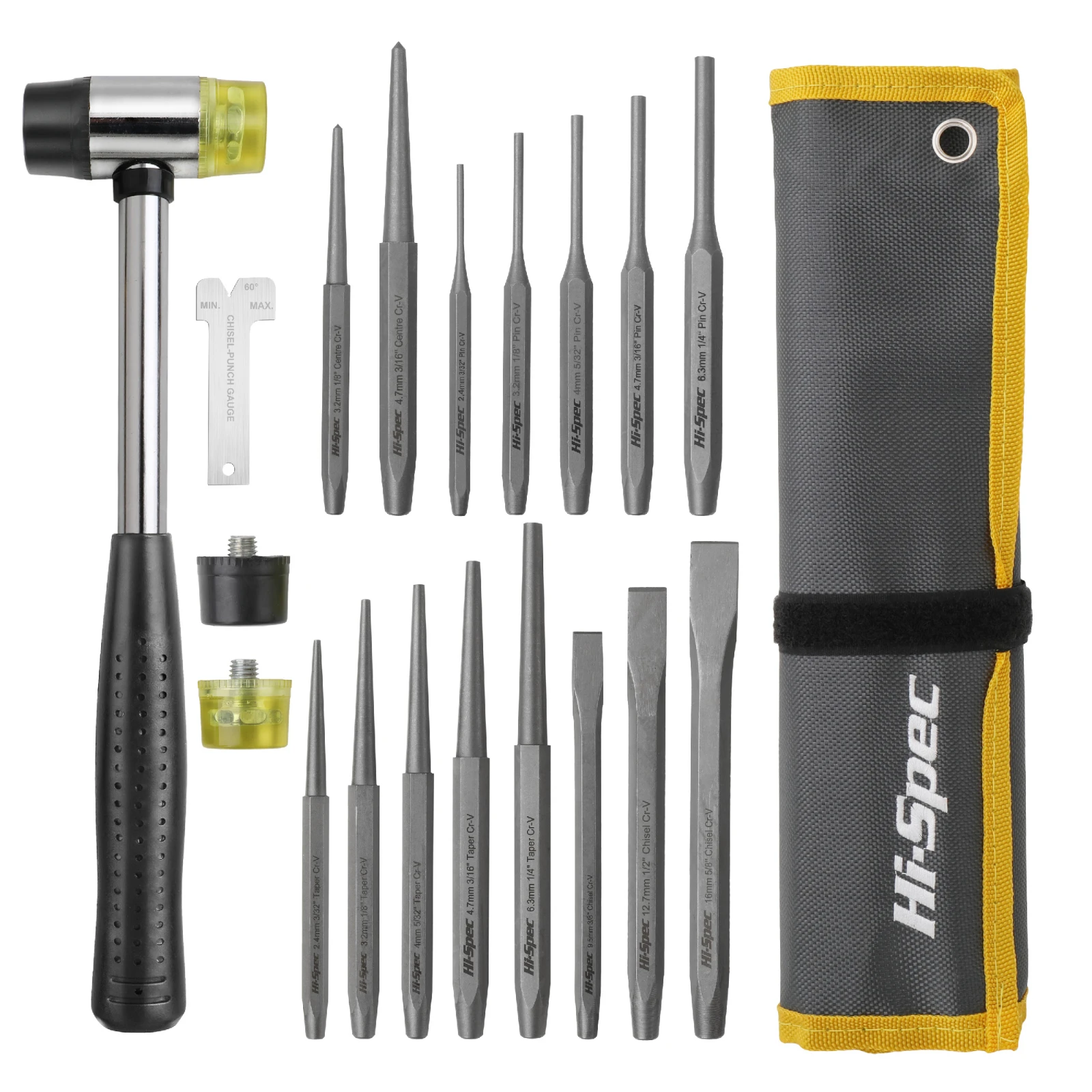 Hi-Spec 19 Pieces Punch and Chisel Set Interchangeable Double-Faced Soft Mallet Hardened Steel Center Pin Punch Cold Chisel