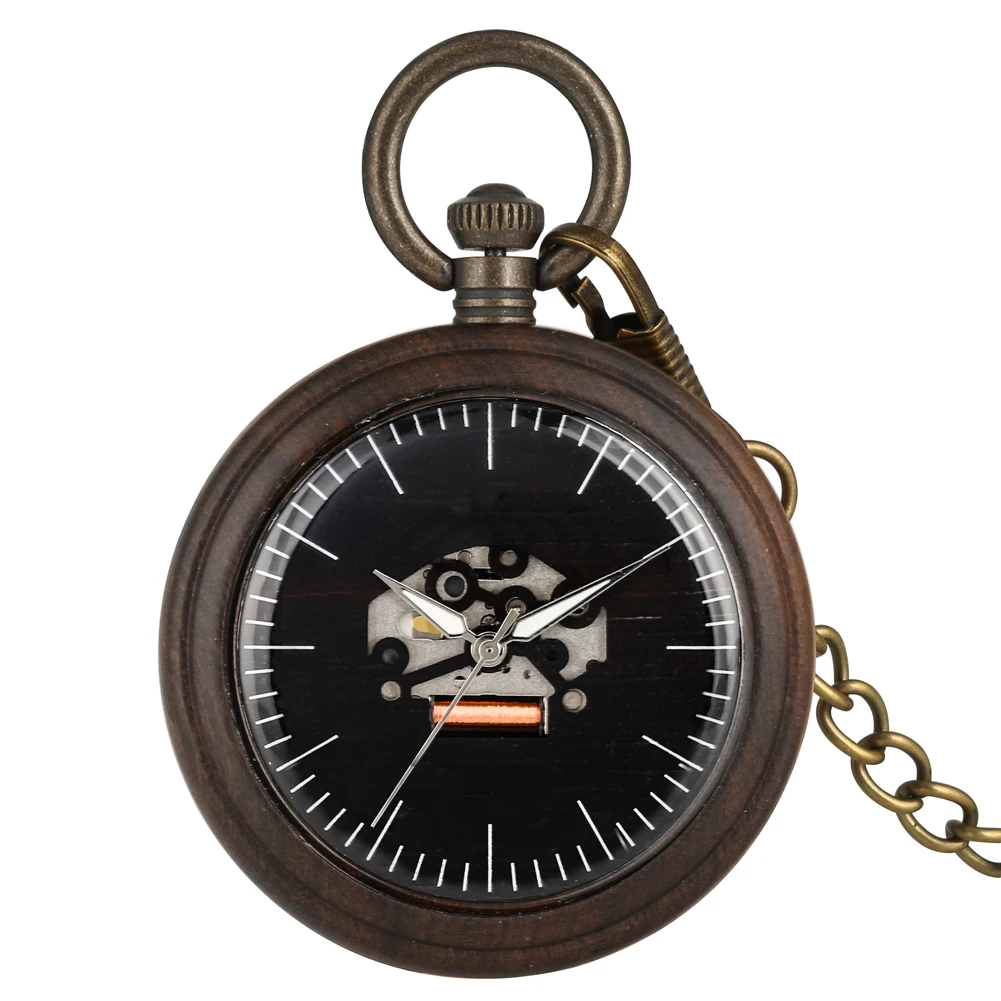 Деревянные карманные часы для мужчин кварцевые Подвесные часы для женщин толстая цепь кулон часы светящиеся указатели - Цвет: Dark Brown 1