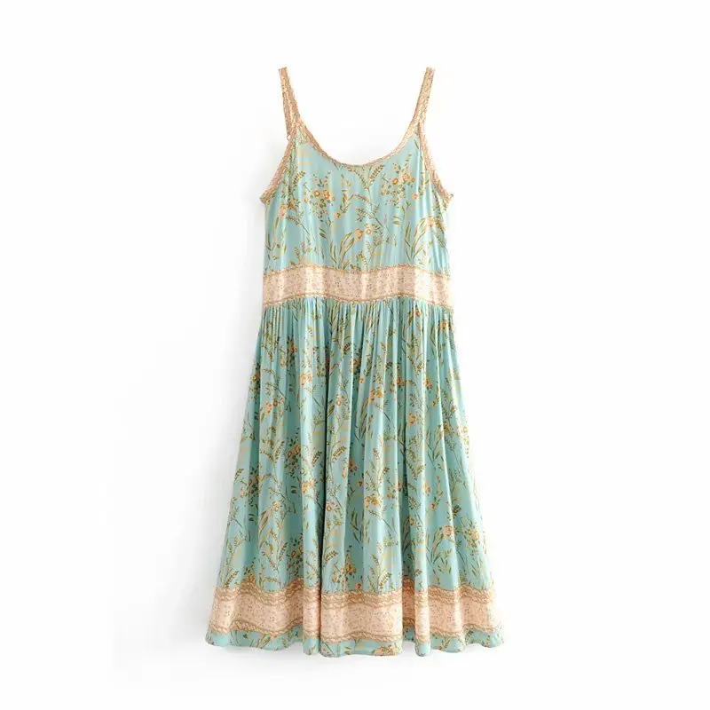 Женское винтажное бирюзовое платье на бретельках BOHO летнее с оборками и