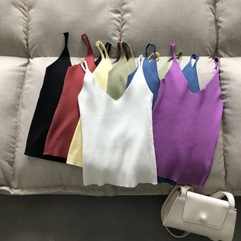 

Slim Knitted Tank Tops 2020 Summer New Solid Color Sexy V-neck Camisole Womens Clothing Casual Bottoming Top