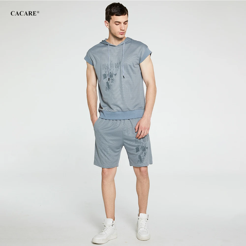

Men's Causal Summer Tracksuit Sleeveless Printing Leisure Suit Two-piece Solid-colored Short Sets F2172 with Drawstring Cap
