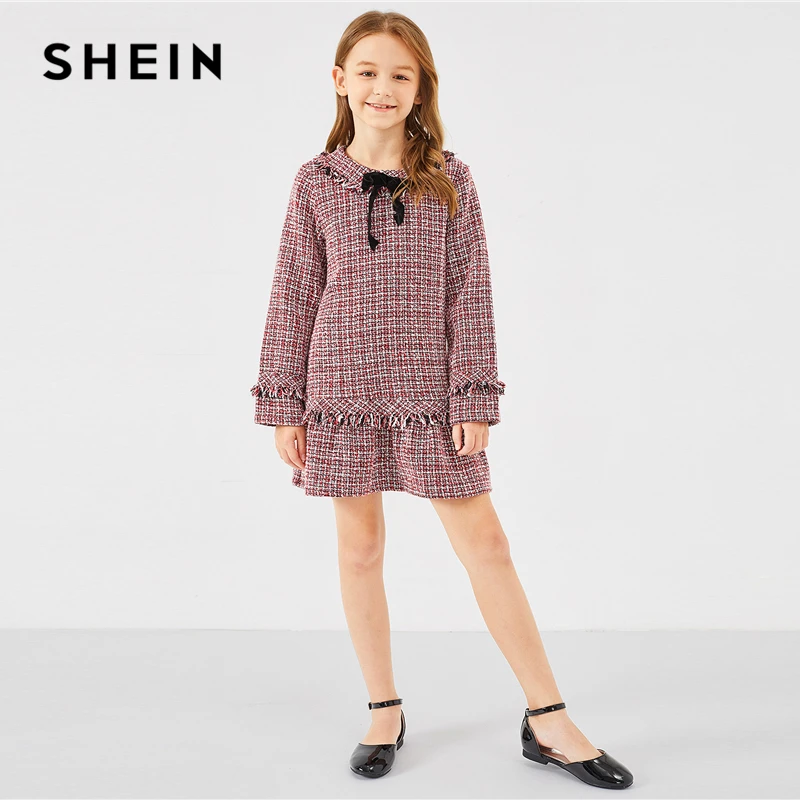 SHEIN Kiddie/клетчатое платье-туника с оборками спереди и бантом для девочек г. Осенние милые короткие платья с длинными рукавами на молнии сзади для детей