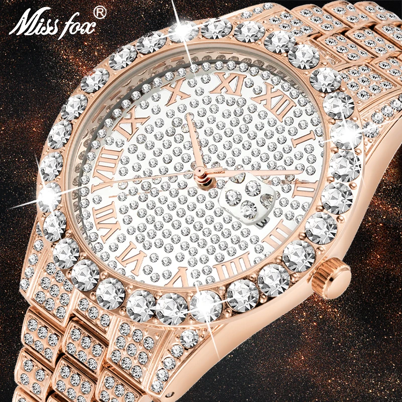 

MISSFOX Dropshipping Watch Men Rose Gold Big Diamond Calendar Men's Watch Top Brand Luxury Waterproof Iced Out Watch Hot 2019