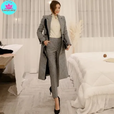 2019 autumn and winter new temperament double-breasted woolen coat + houndstooth pencil pants two-piece women's suit