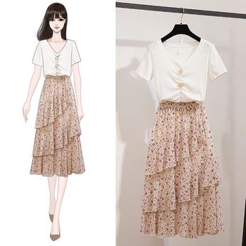 

Cotton High Waist V-Neck Slim T-Shirt Floral Print Layered Irregular Chiffon Skirt Casual Mid-Calf Female dress