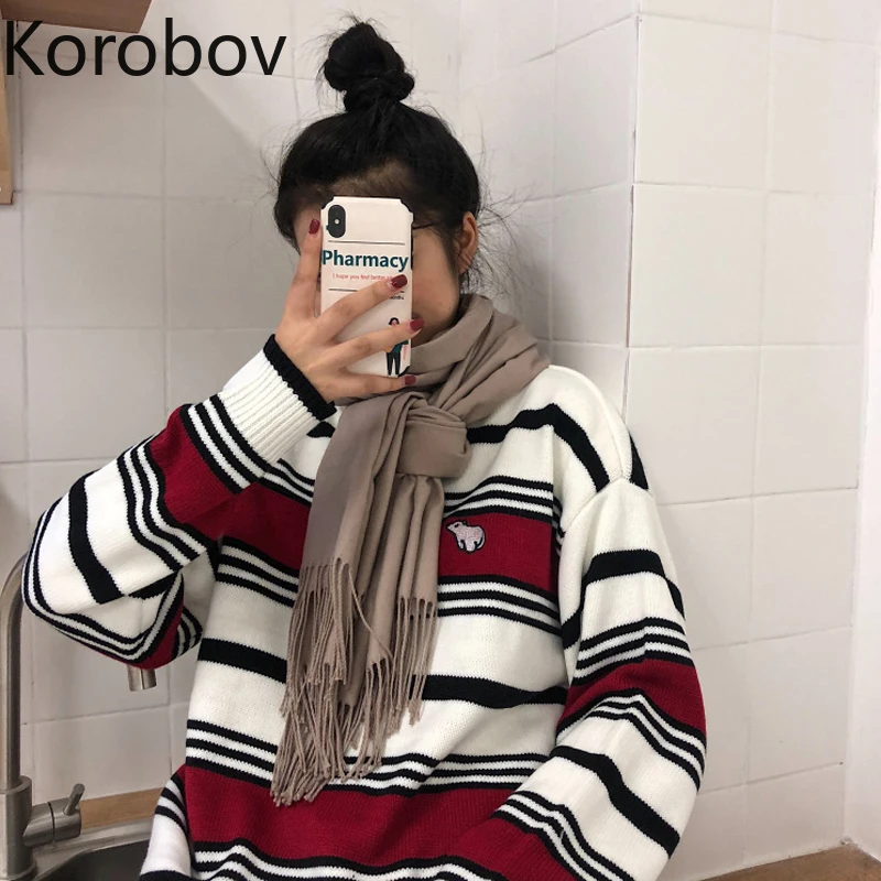 Korobov корейские винтажные полосатые женские свитера с длинным рукавом, Осенние вязаные шикарные женские пуловеры с круглым вырезом, Женские базовые пуловеры 79329