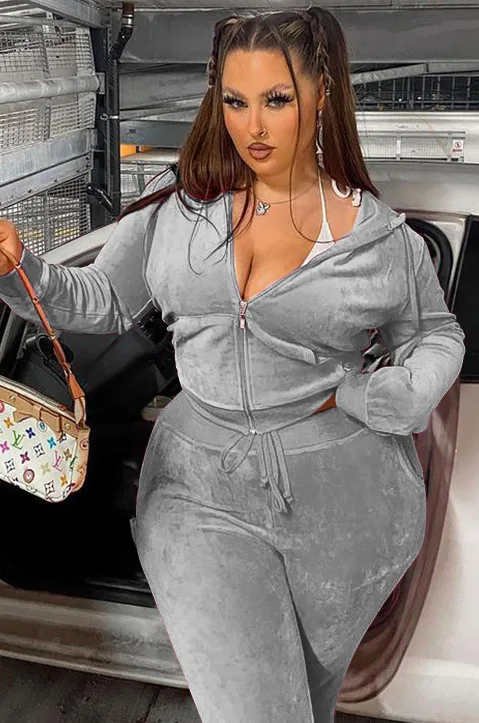 Longa com Capuz Topo e Calças Conjuntos de Correspondência Tamanho Grande Duas Peças Outfit Feminino Agasalho Manga Cor Pura Veludo Terno Lazer Roupas 5 Plus size Conjuntos