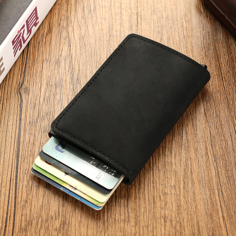 DIENQI Black Men Bank Cards Holder Aluminium Anti Rfid Credit Card Cash Bag Vintage PU Leather Mini Purse Cardholder Kaarthouder