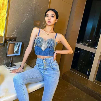 

ADYCE New Fashion Ladies Camis Runway Crop Top Luxury Patchwork Tassel Blue Sexy Spaghetti Strap Hot Celebrity Party Club Vest