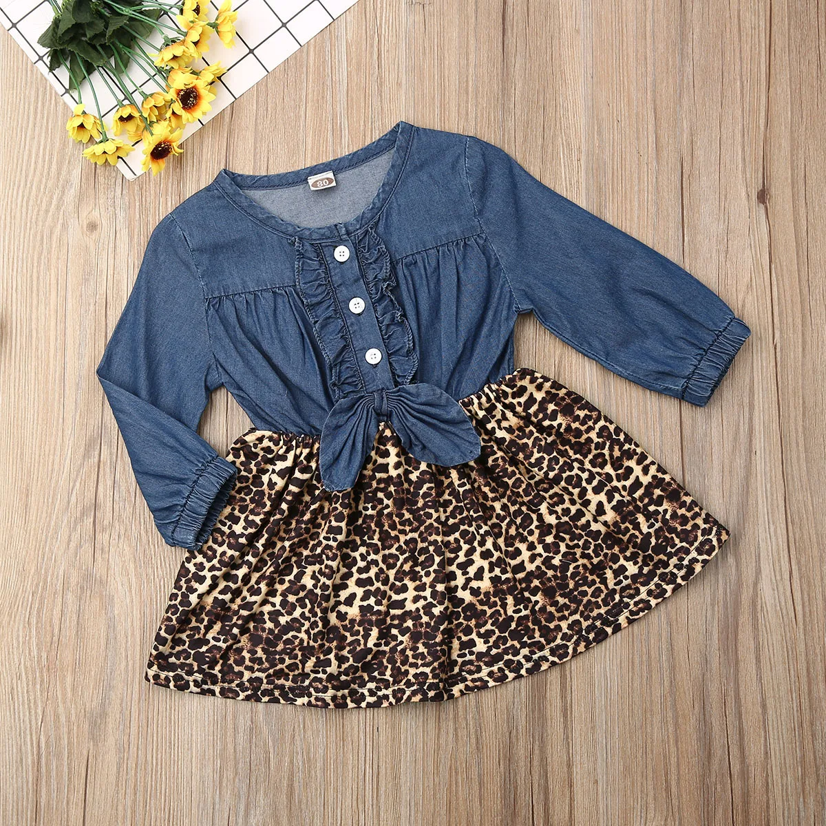 Коллекция года, весенне-осенняя одежда для малышей джинсовые платья-пачки принцессы с длинными рукавами для маленьких девочек одежда в стиле пэчворк с леопардовым принтом От 6 месяцев до 4 лет