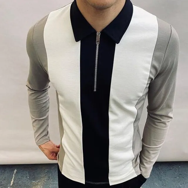 2021 Autumn Streetwear Men Fashion Long Sleeve Polo Shirts Casual Loose Turn-down Collar Zipper Tops Men Slim Polo Shirts CXPLS-6