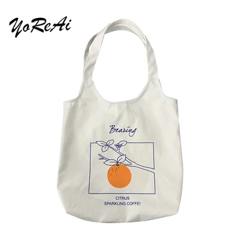 

YoReAi Simple Fruit Stick Figure Print Shoulder Bag Literary Woman's Large Capacity Canvas Handbag Casual Ladies Classic Tote