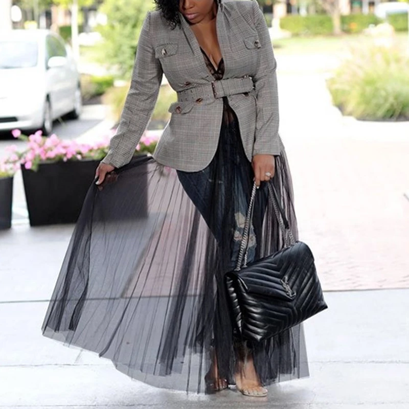 

Plaid Blazer Jacket Women Autumn Spring African Fashion Elegant Office Ladies Long Sleeve Gray Blazers Coat OL Workwear Outwear