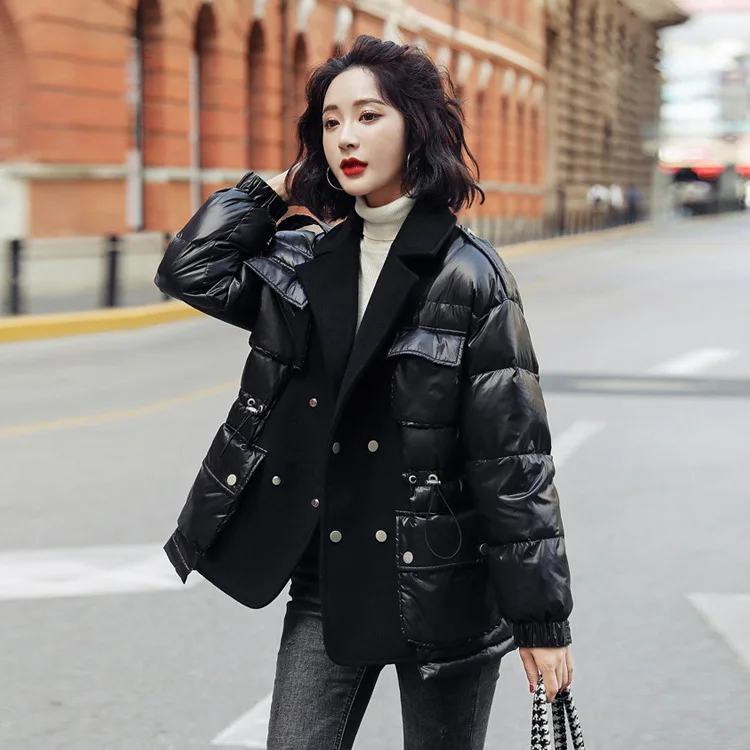 

Winter new fashionable splicing suit collar down jacket women short drawstring waist Western-style thin coat