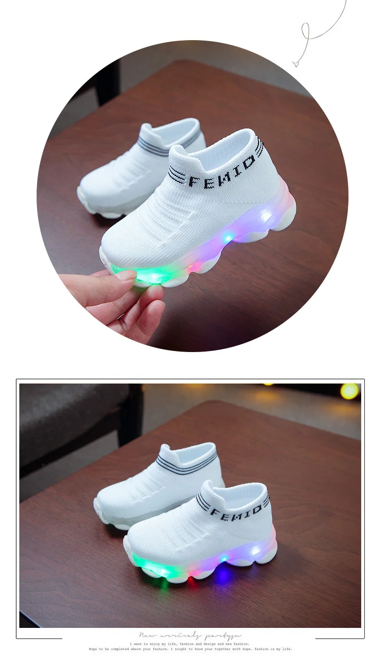 Kids Sneakers Children Baby Girls Boys Letter Mesh Led Luminous Socks Sport Run Sneakers Shoes Sapato Infantil Light Up Shoes