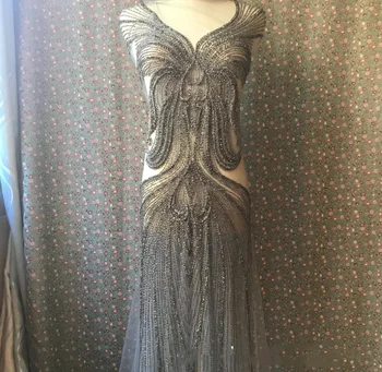 

40*140cm handmade gray rhinestones applique sew on trim patches full body for Wedding accessories