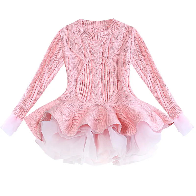 Милое осенне-зимнее платье для малышей одежда принцессы для девочек вязаное платье с длинными рукавами платья для дня рождения трикотажная одежда - Цвет: pink