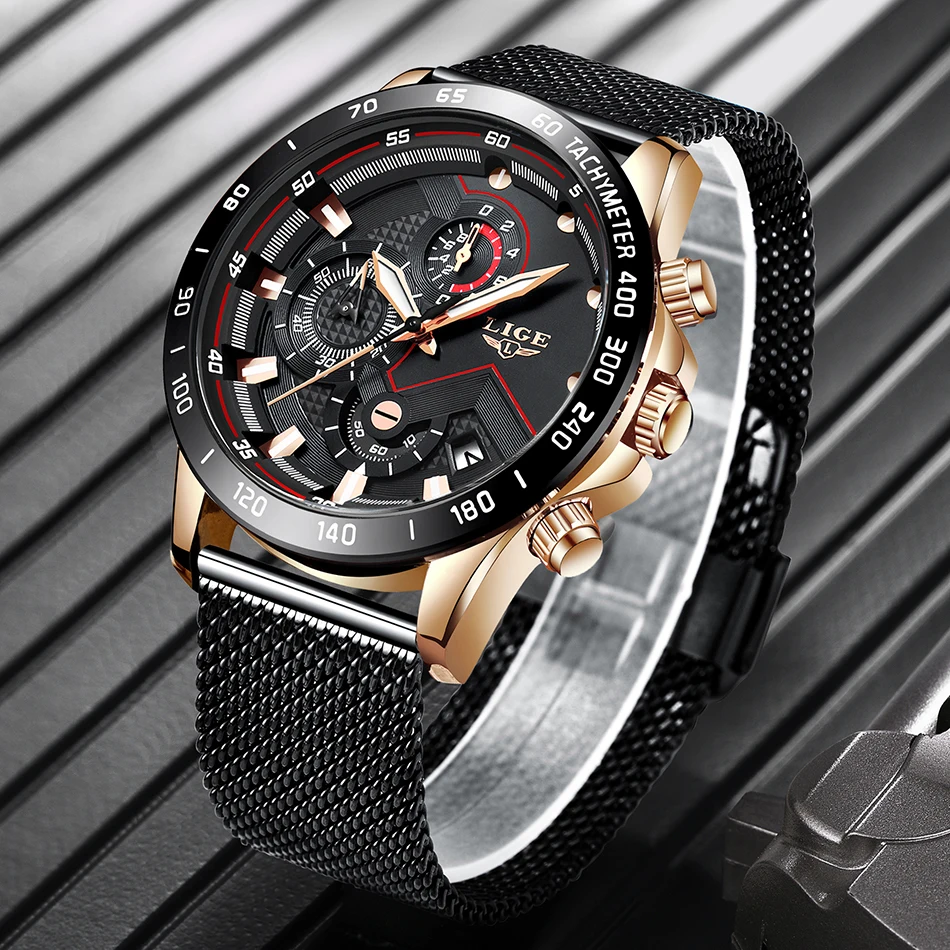 Relojes Hombre LIGE Лидирующий дизайн Бизнес Кварцевые часы для мужчин сетка полный стальной водонепроницаемый спортивный хронограф Мужские часы мужские