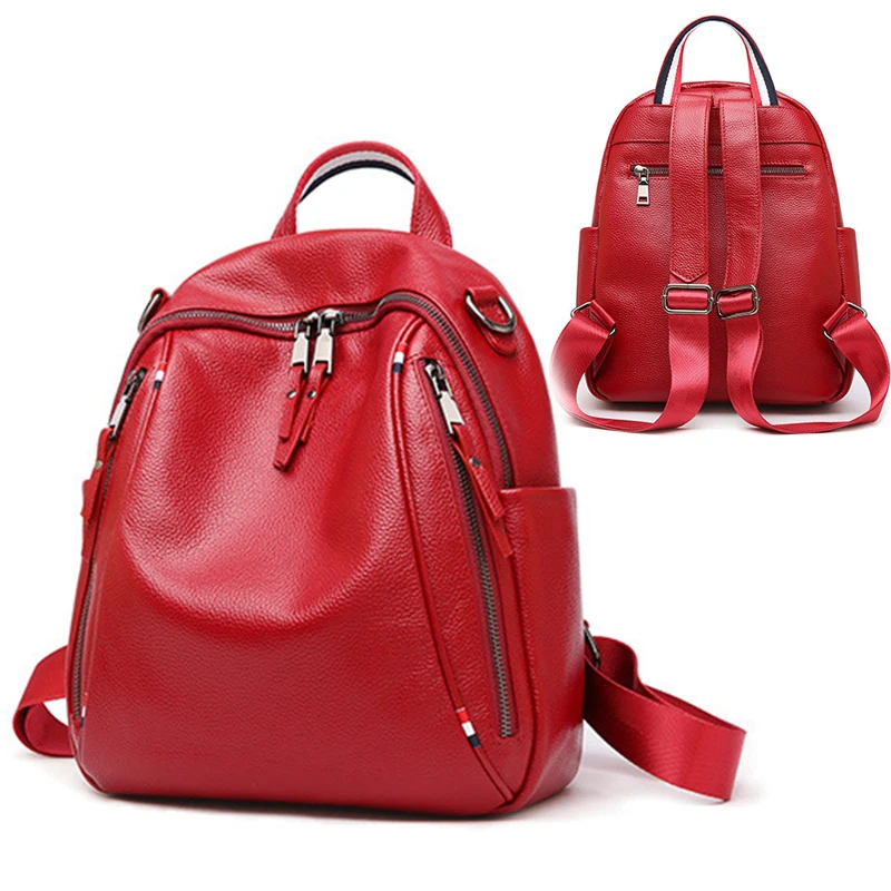 Mochila De piel de vaca con doble cremallera para mujer, bolsa de viaje salvaje de gran capacidad, suave, de cuero real, estilo británico, novedad de verano