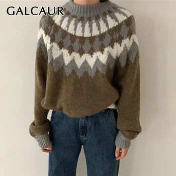 

GALCAUR Vintage Argyle Print Knitted Sweater For Female O Neck Long Sleeve Oversize Casual Pullovers For Women 2020 Autumn New