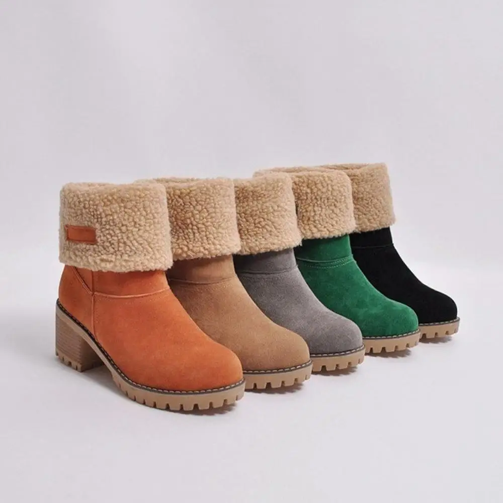 Botas de nieve de invierno para mujer, botines cálidos de piel, zapatos de tacón sin cordones grueso, Botas Martins de felpa para exteriores