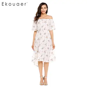 

Ekouaer Women Off Shoulder Sexy Dresses Summer Casual Slash Neck Short Sleeve Prints Pleated Party Beach Dress