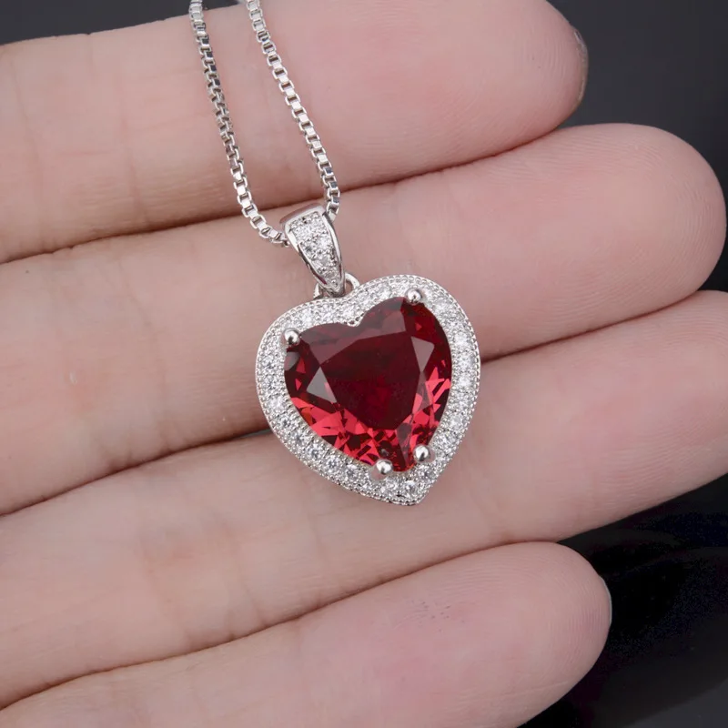 Pendant Necklace Trendy Necklace 925 Silver Jewelry Heart Shape Ruby Zircon Gemstone Pendant For Women Girl Wedding Engagement Party Accessories Silver Necklace