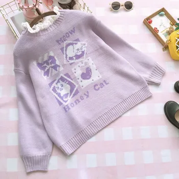 

Japanese Women Sweet Purple Cat Jacquard Sweater Cute Autumn Winter Girls Student Soft Sister Loose Retro lacework Pullover Tops