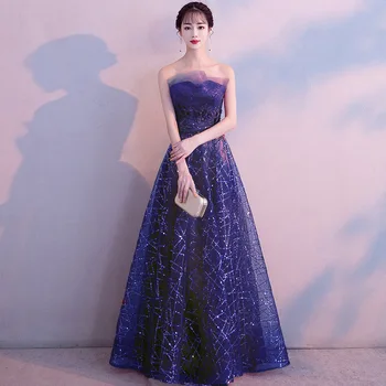 

2020 New Blue Temperament Celebrity Robe De Soiree Mesh Faux Crystal Cheongsam Evening Party Dress Women Sexy Off Shoulder Qiapo