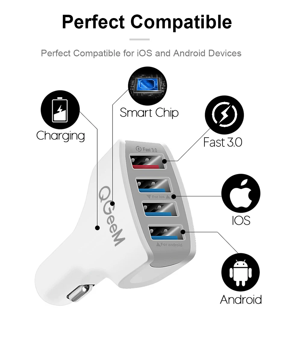 charger 100w QGEEM 4USB QC 3.0 Car Charger Quick Charge 3.0 Phone Charging Car Fast Charger 4Ports USB Car Portable Charger for iPhone Xiaom usb triple socket