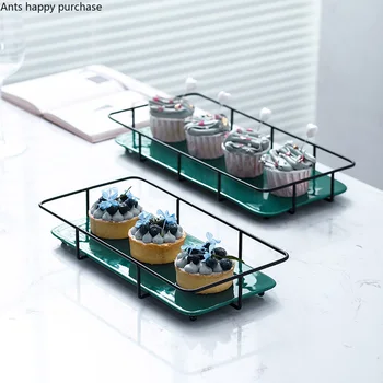 

Iron Art Ceramics Green Rectangular Tray Snack Cake Stand Cosmetic Jewelry Sundries Storage Box Exhibition Hall Display Shelf