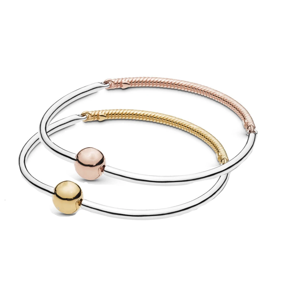 

2019 New Authentic 925 Sterling Silver Two-tone Moments Three-Link Bangle Fit pan Charm Bracelet DIY Jewelry For Women Bracelet