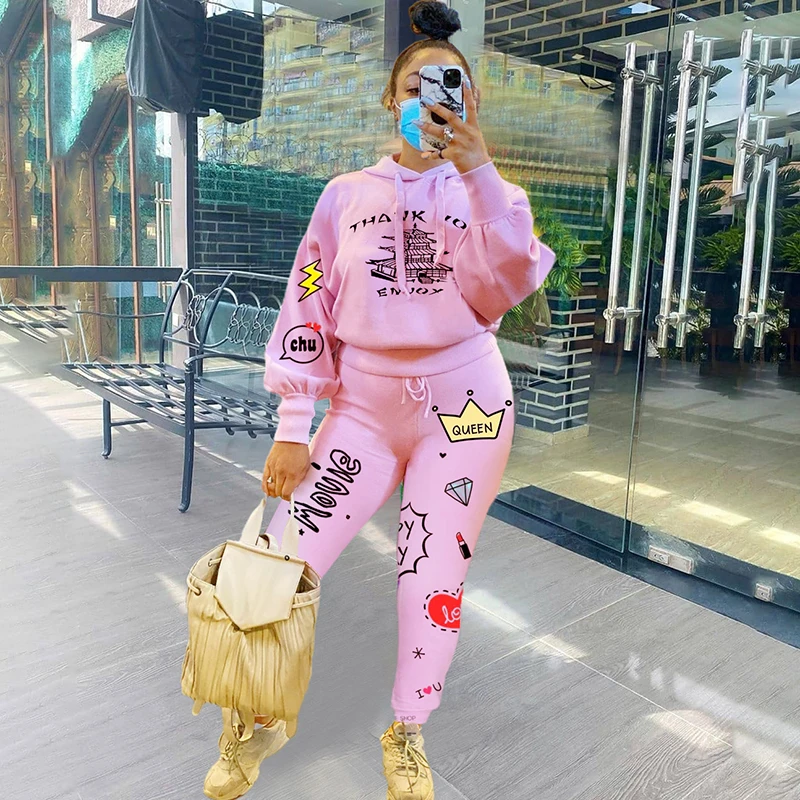 

Winter Woman Sportwear Cartoon Graffiti Sweatsuit Women's Set Hoodies Jogger Pants Tracksuit Fitness Clothing Two Piece Outfits