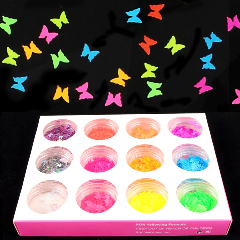 Неоновые Блестки для ногтей в форме бабочки/сердца 3D тонкие кленовые хлопья